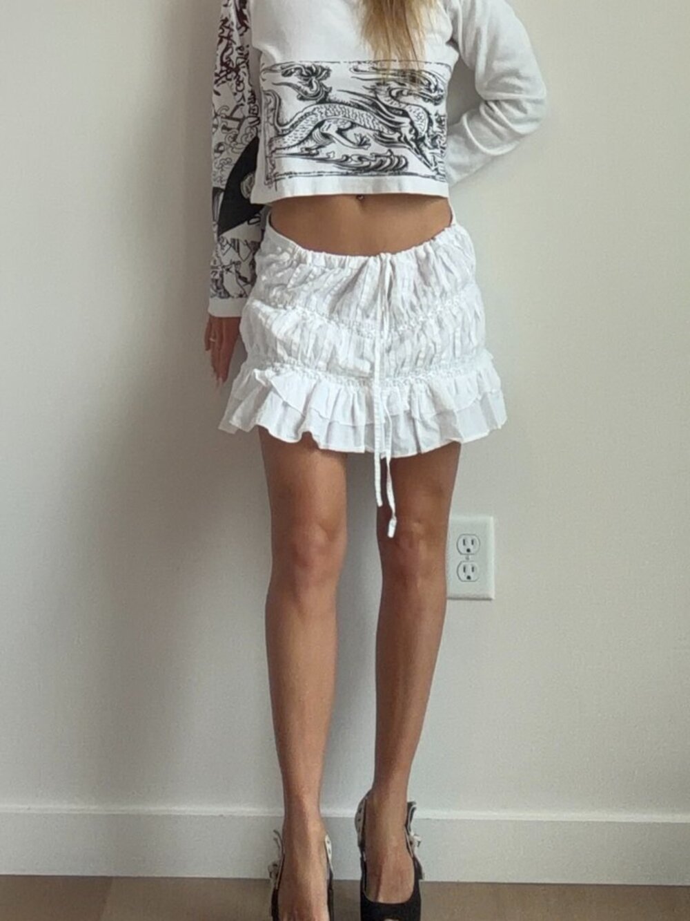 Y2K Cotton Mini Skirt (L) large white vintage ruffle beach cute casual coquette - Picture 1 of 6